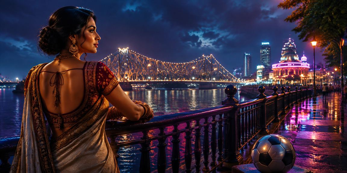Kolkata Howrah Bridge with nightlife and sports betting neon lights